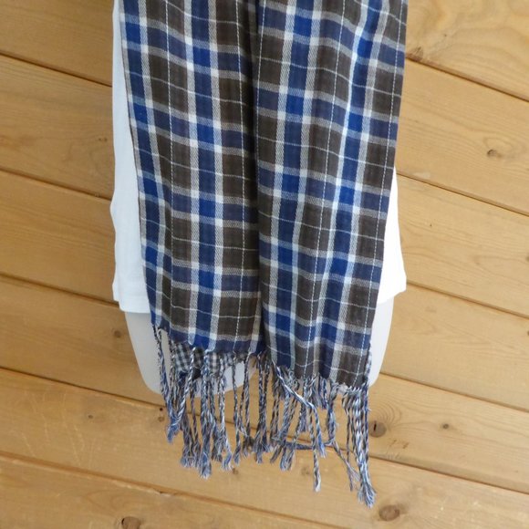 L.O.G.G. H&M Blue Gray Check Reversible w/Tassel Crinkle Wrap Shawl Muffler - Picture 3 of 8